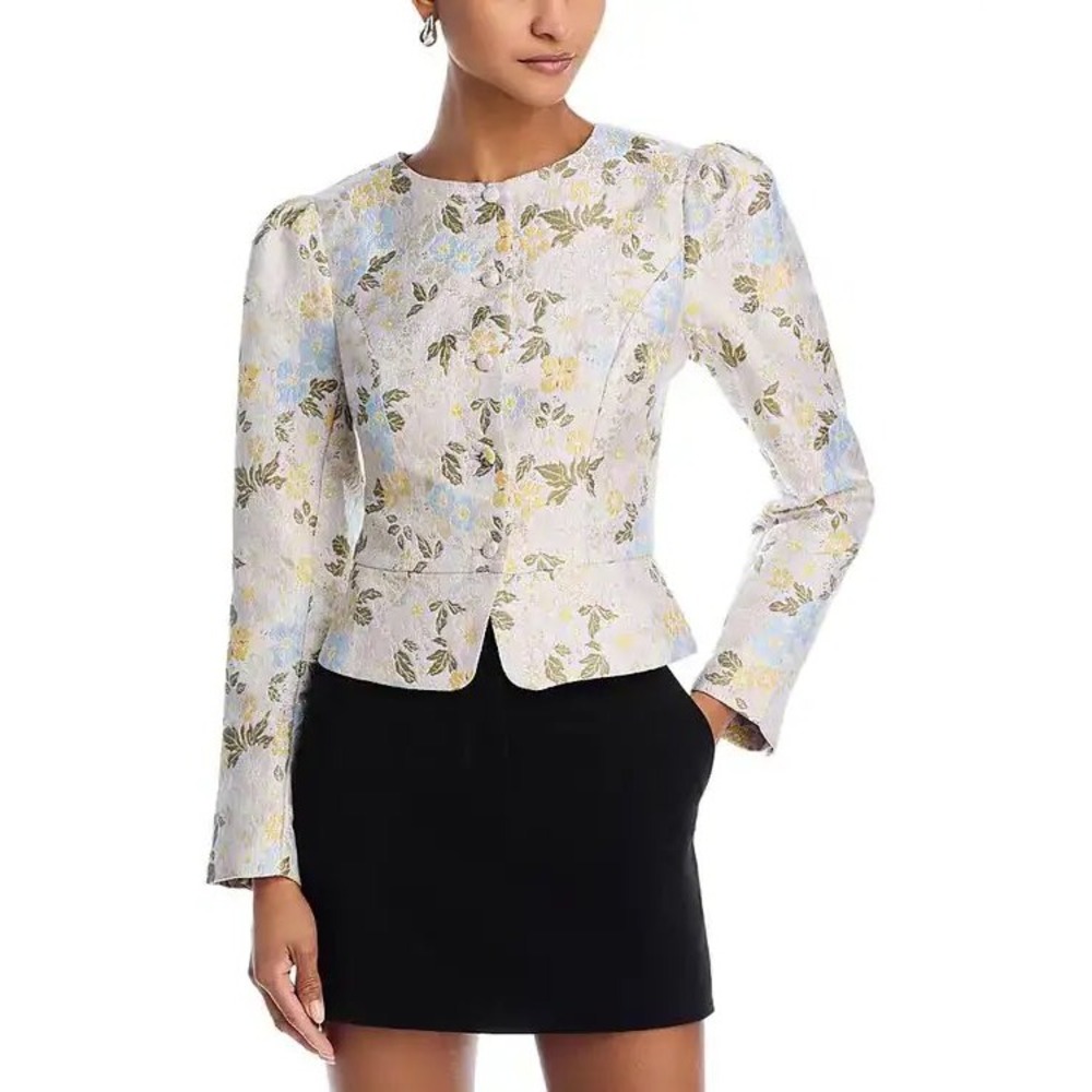 AQUA Womens Floral Jacquard Peplum Jacket Metallic Brocade Puff Sleeve Medium
